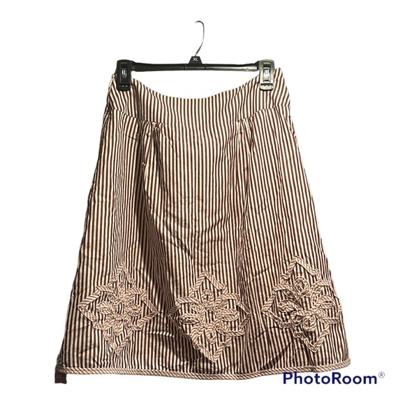 LOFT Skirt A-Line Midi Pinstripe Mesh Hem Floral Applique Cotton Lined Maroon 0 - Picture 1 of 7
